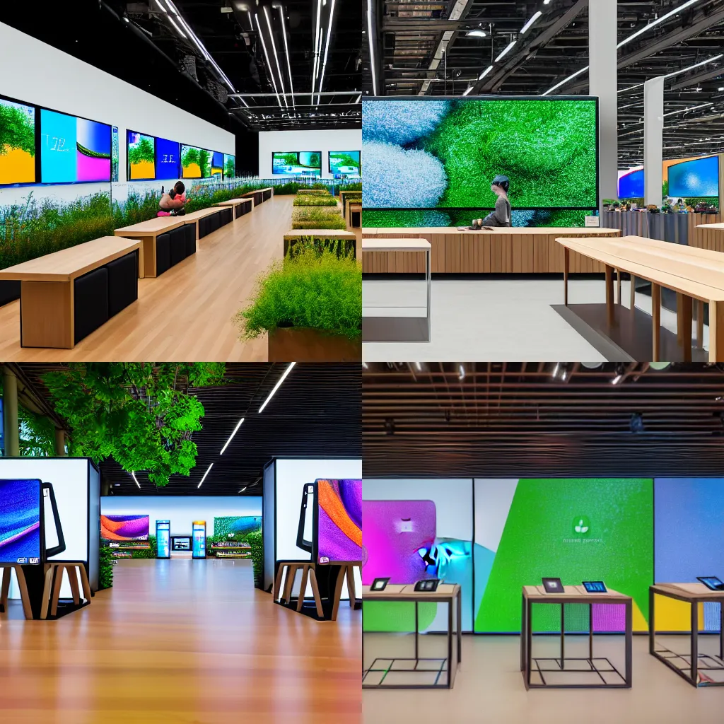 Prompt: (mobiles and tablets on display on large tables in a wood and concrete flagship retail interior Samsung Microsoft Apple empty stools, verdant plants, colorful digital screens) muted colors, wide shot, XF IQ4, 14mm, f/1.4, ISO 200, 1/160s, 8K, RAW, unedited, symmetrical balance, architectural photography