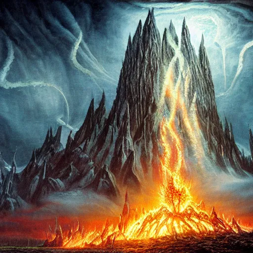 Prompt: Tolkien's The Silmarillion, morgoth attacking the valar, ultra detailed, matte painting, fire, water, earth, tree, army, epic, end of days, 8k