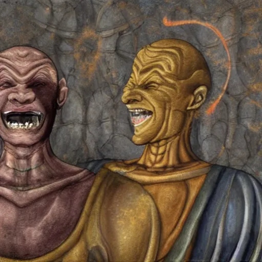 Image similar to vivec laughing as he betrays nerevar, fresco