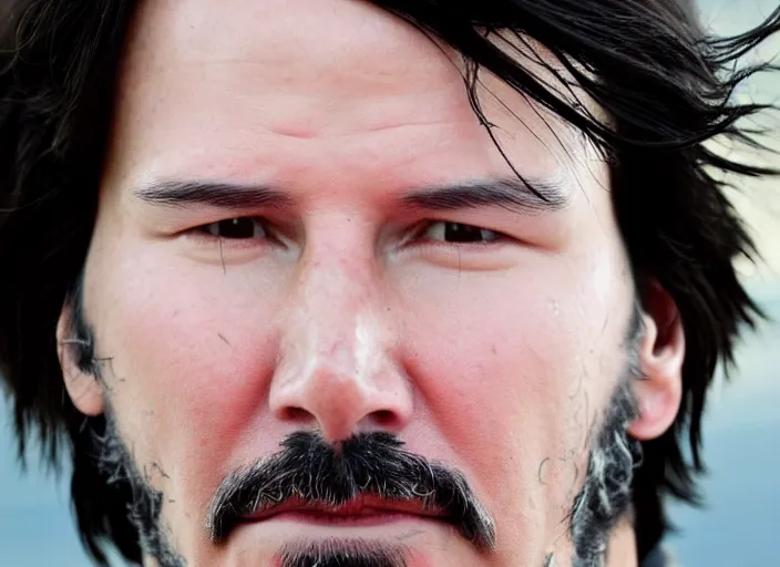 Image similar to close up portrait photograph of Keanu Reeves!!! Smoking a cigarette, symmetric face!!! ((Symmetric round eyes!!! )) . Wavy long hair. He looks directly at the camera. Slightly open mouth, face takes up half of the photo. an ocean visible in the background. 55mm nikon. Intricate.