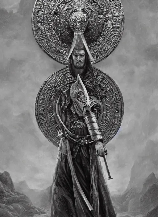 Image similar to highly detailed picture of great greek warrior with a shield, edge of the universe, perfectly symmetrical face, cinematic romantic magical, greek myth, masterpiece, from the book by gene wolfe, highly detailed painting by gustave dore, digital art, trending on artstation, golden ratio, perfect symmetrical, perfect intricate