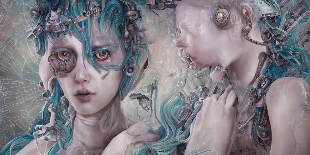 Prompt: hyperrealistic seapunk photography of a highly detailed and symmetrical gorgeous cyborg nymph deconstructing a poetry machine in the style of beth cavener, jin kagetsu, james jean and wlop, highly detailed, face symmetry, masterpiece, award - winning, sharp focus, intricate concept art, ambient lighting, 8 k, artstation