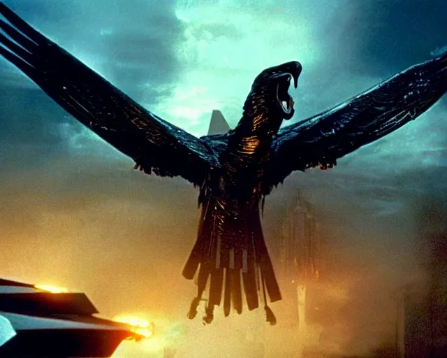 Prompt: a movie still of a gigantic egyptian god fighting a huge eagle in blade runner los angeles, by marvel movies and ilm