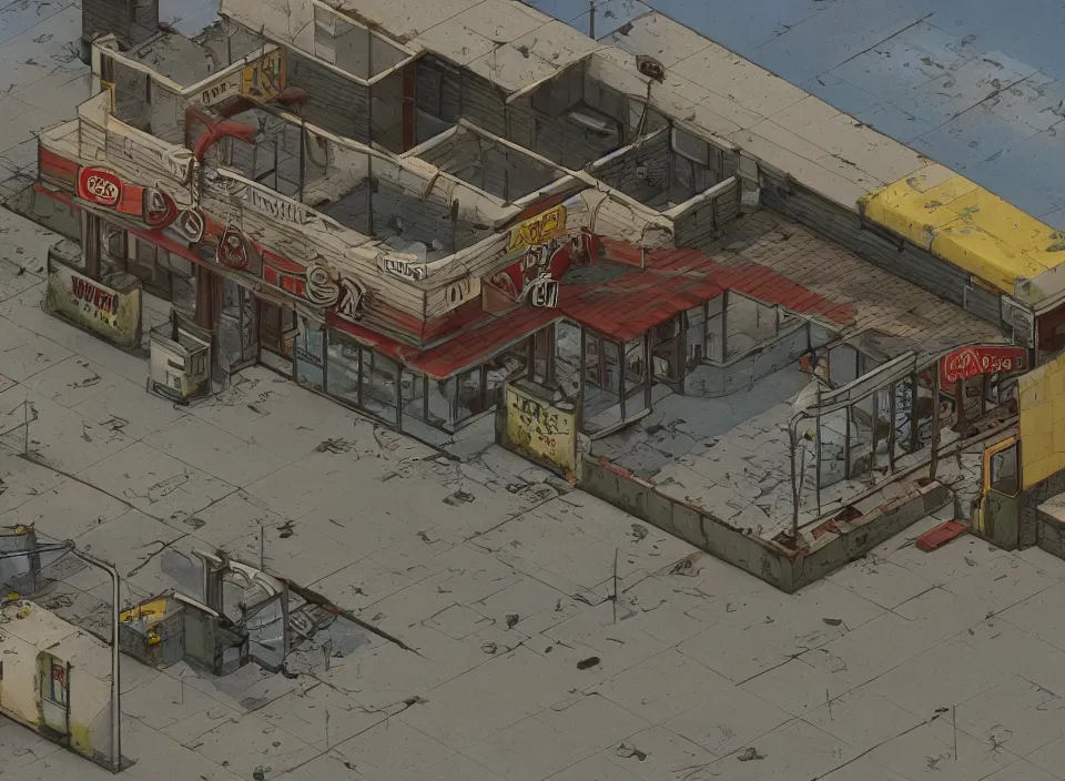 Image similar to Screenshot of the outside of an abandoned rusty McDonald restaurant in Fallout 2 (1998), isometric perspective, postapocalyptic, bird's eye view, high quality