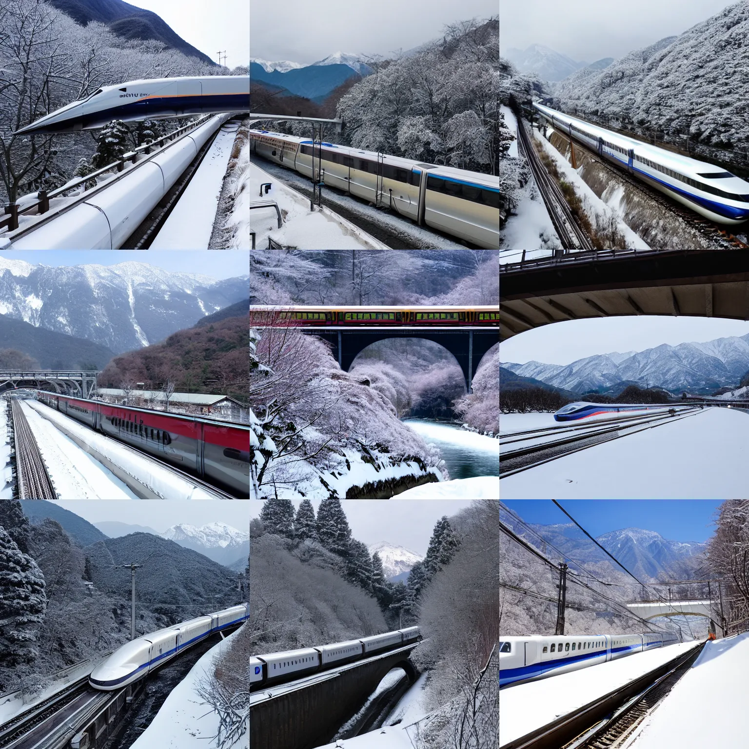 Prompt: shinkansen on a bridge over a river, about to enter a tunnel in a mountainous landscape of snow capped peaks and it is currently snowing