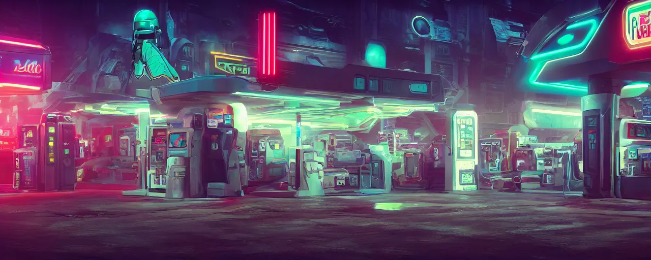 Image similar to boba fett visits a gas station in the night time, vaporwave aesthetic, neon signs, superliminal 8 k uhd, unreal engine, octane render in the artstyle of finnian macmanus, john park and greg rutkowski