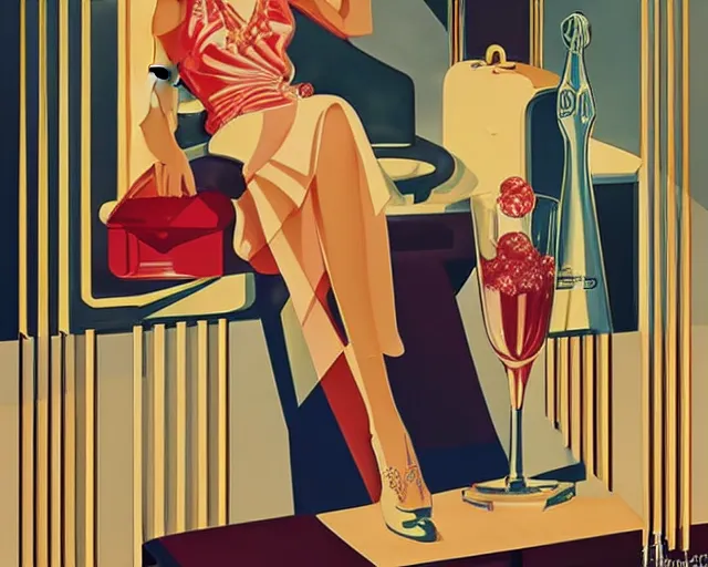 Image similar to 1 9 3 0 s teenager in art deco style, champagne commercial, artstation, illustration, bright, cheerful, detailed and intricate environment