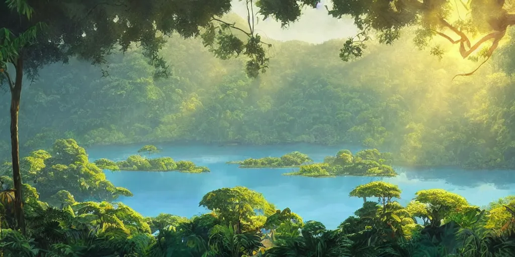 Prompt: A lake in the middle of a rainforest, vines hanging over the water, golden hour, vibrant, sunbeams, stunning lighting, art by Ghibli