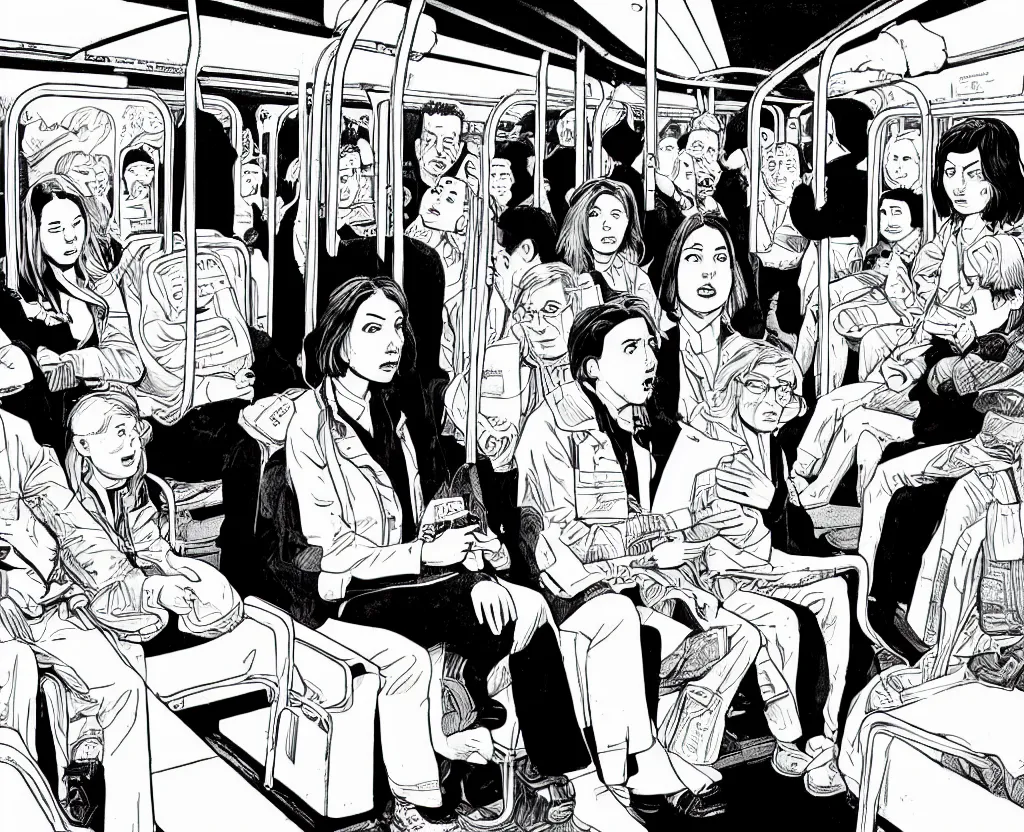 Prompt: a tight detailed ink drawing in the style of Daniel Clowes and Adrian Tomine and Gabrielle Bell, 3/4 view wide shot of only two people: a sad woman in a parka who looks like Aubrey Plaza, sitting 3 feet from a friendly middle-aged German businessman in a suit, with short blond hair and mustache, in a an empty Chicago subway train