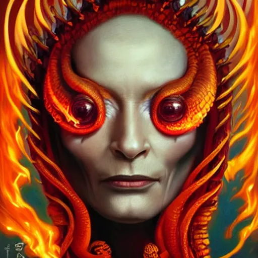 Image similar to queen of hell portrait of Tilda Swinton, fire and flame, big long hell serpent octopus, Pixar style, by Tristan Eaton Stanley Artgerm and Peter Mohrbacher and Tom Bagshaw and Boris Vallejo.