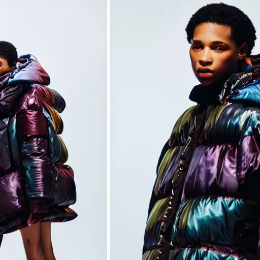 Image similar to realistic photoshooting for a new balenciaga lookbook, color film photography, portrait of a beautiful woman, model is wearing a multi layered puffer jacket, photo in style of tyler mitchell, 3 5 mm,