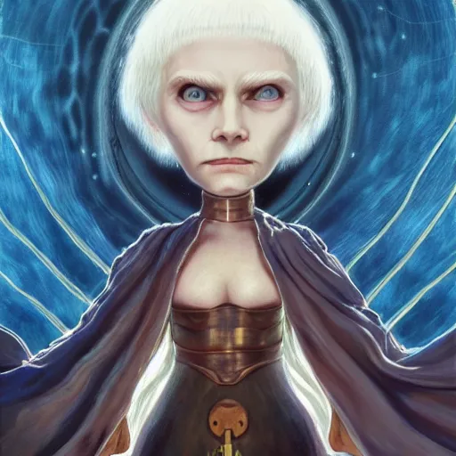 Prompt: portrait of small, rubbery, huge-eyed, big-lipped albino mutant priestess with elaborate white hair; Dune concept art by Anato Finnstark, Margaret Keane, Greg Rutkowski, and Studio Ghibli