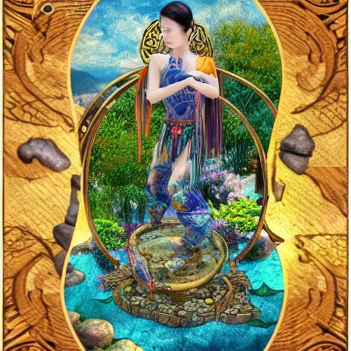 Image similar to tarot card, intricate koi fish pond various angles by ross tran, trees, rocks, water, golden ratio, koi scales, vivid colors, trending on ArtStation, cgsociety gustav klimt frame