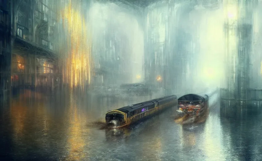 Image similar to an urban train rides inside of a waterway on a fantasy city. by artstation trending, by joseph mallord william turner, luis royo, konstantin razumov, cinematic lighting, fractal flame, highly detailed