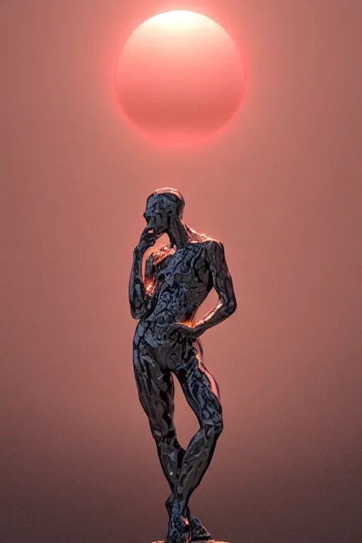 Prompt: realistic 8k Bernini Sculpture of random reflective metal pieces forming the shape of a person silhouetted by a red sun, smooth, sharp focus, 24mm lens, DOF, hyper realistic, art by Artem Demura and Greg Rutkowski and Ruan Jia