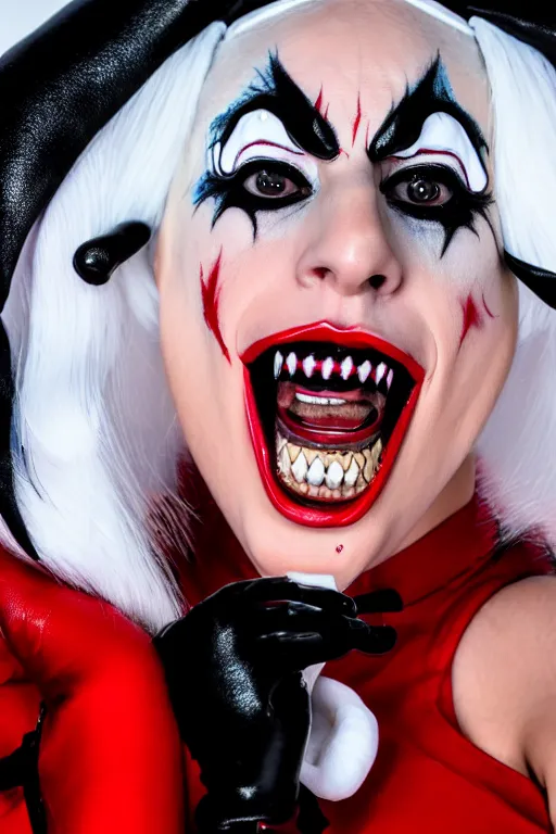 Image similar to scared lady gaga in harley quinn costume attacked by stuffed toy, luxury materials, symmetrical, cinematic, elegant, professional studio light, real dlsr photography, sharp focus, 4 k, ultra hd, sense of awe, high fashion