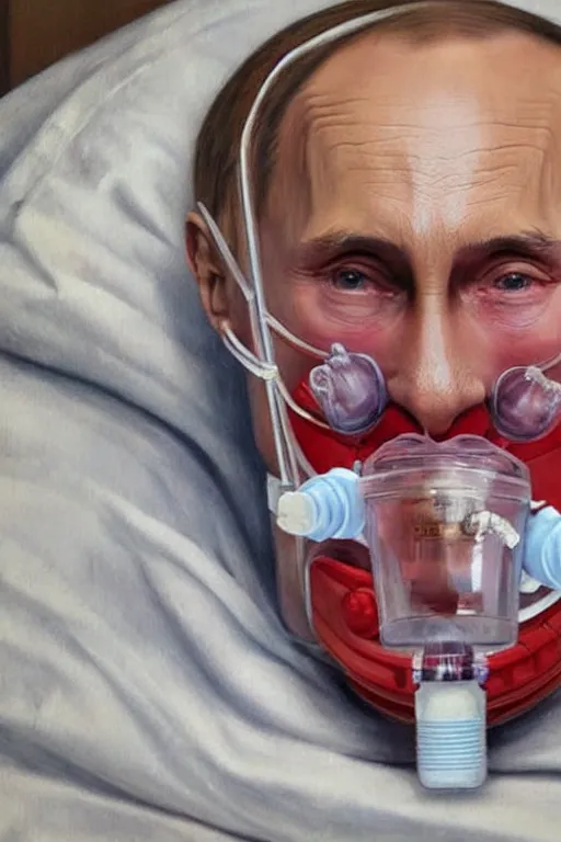 Image similar to a super very hyperrealistic oil painting of ill Vladimir Putin as a patient wearing an oxygen mask on a death bed inhaling from Copium tank that stand near his bed, visible face, oil painting, highly detailed, hyper realistic, volumetric lighting