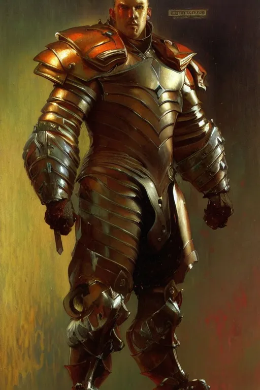 Image similar to attractive beefy male with armor, character design, colorful, cyberpunk, painting by gaston bussiere, craig mullins, j. c. leyendecker, tom of finland