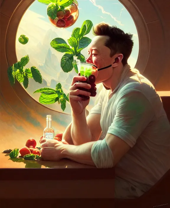 Image similar to elon musk sipping mojito on mars, mottled coloring, adorable, childlike, pastoral environment, ultra realistic, concept art, art nouveau, photorealistic, octane render, 8 k, unreal engine. art by christopher marley and artgerm and greg rutkowski and alphonse mucha