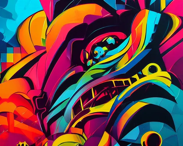 Image similar to Beautiful Kaiju, geometric shapes with rough brushstrokes, Grainy | Nielly