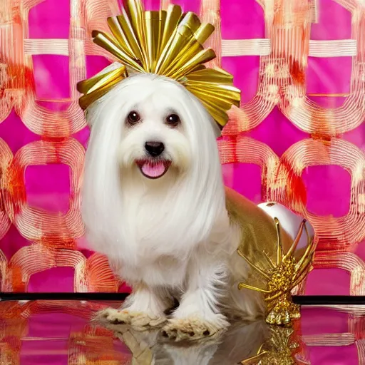 Image similar to a cream - colored havanese dog wearing a slinky metallic dress with ornate midcentury geometric gold headpiece, resting against a small marble pedestal with flowers loosely arranged, sultry look, gold curtain background, magazine photo by david lachapelle