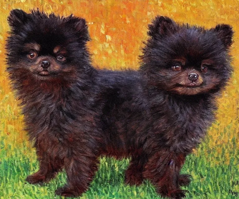 Prompt: brown and black pomeranian, cute, monet, oil painting