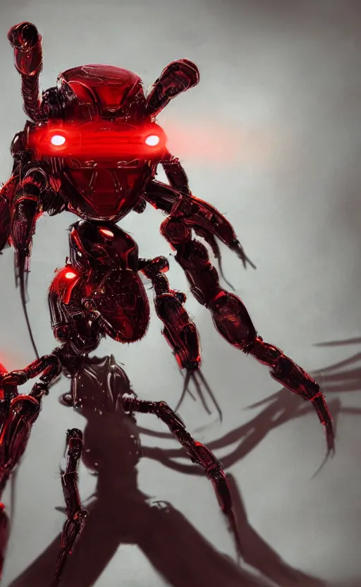 Image similar to a robot humanoid spider with 4 arms with claws, glowing red eyes, in a black carbon and red fiber armor, smiling creepily, dynamic lighting, photorealistic fantasy concept art, trending on art station, stunning visuals, creative, cinematic, ultra detailed