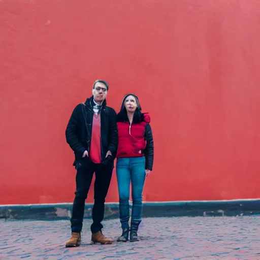 Prompt: a man and a woman standing on the red place of moscow