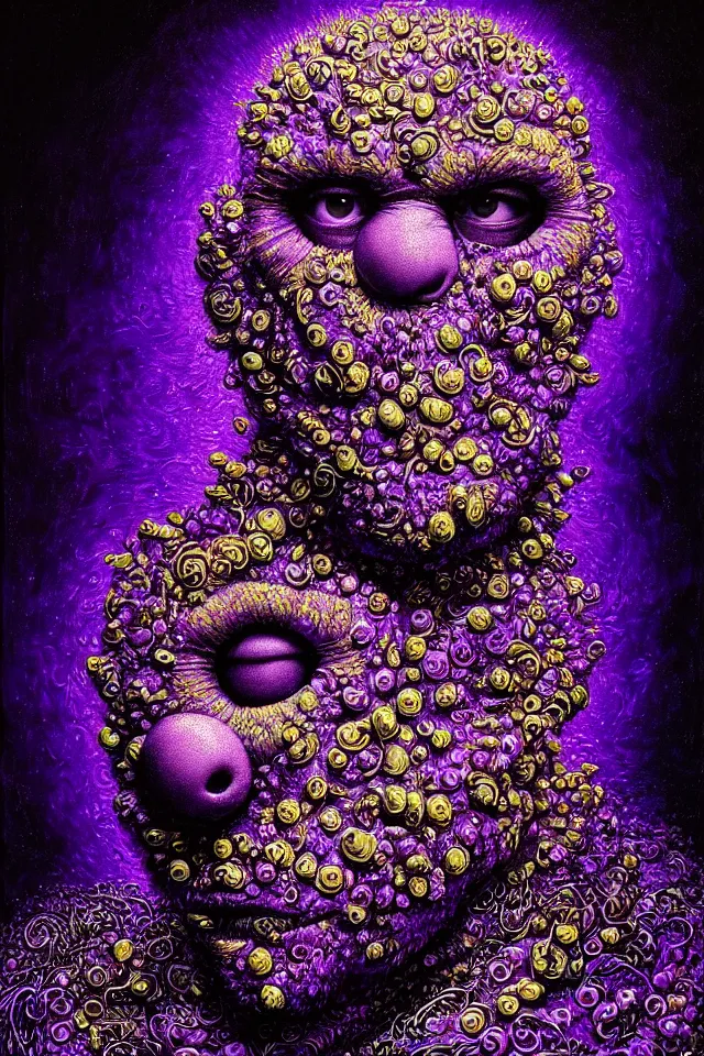 Prompt: bizarre purple blacklight detailed renaissance portrait of cookie monster as a highly detailed realistic real life person, dramatic cinematic lighting, 8 k, beautiful intricate painting by james r eads, giuseppe arcimboldo and tomasz alen kopera