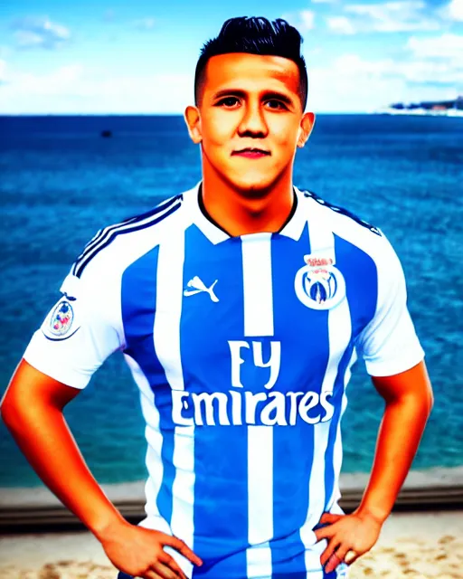 Image similar to portrait Anime Alexis Sanchez; white football shirt, Marseille beach in background || cute-fine-face, pretty face, realistic shaded Perfect face, fine details. Anime. realistic shaded lighting