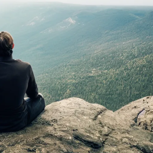 Prompt: man sitting on cliff looking at galaxy