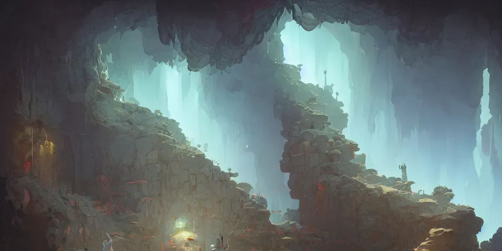 Prompt: painting of wall in a vast dark cave with rocky ground, comics, clean line, no people, illustration by peter mohrbacher! and moebius and rhads, clean thick line, vivid colors, comics style