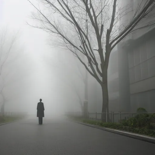 ominous foggy japanese city street with a lone figure | Stable ...