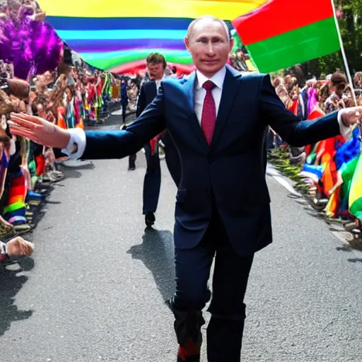 Image similar to Vladimir Putin wearing rainbow suit, Gay pride, rainbow flags, Professional Photography, Photorealistic