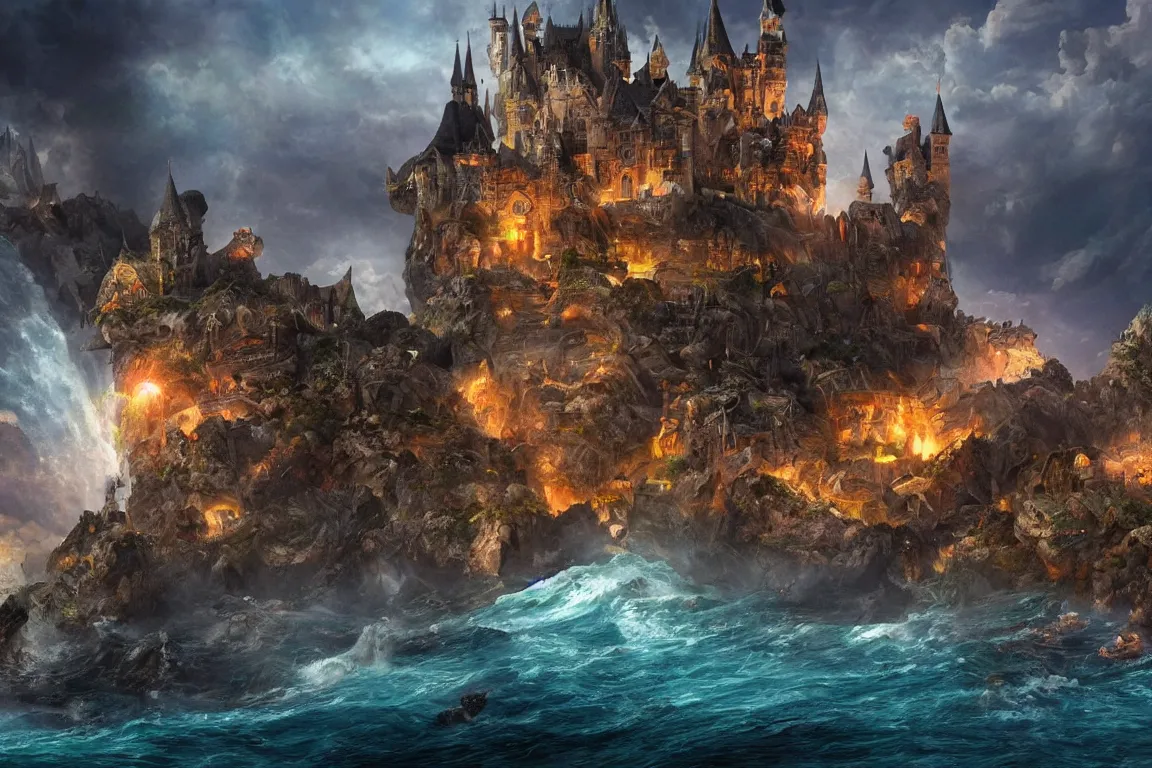 Prompt: an epic fantastic realism painting of a castle city being devoured by the ocean's beasts, 8 k, ultra realistic, lens flare, atmosphere, glow, detailed, intricate, full of colour, cinematic lighting, trending on artstation, 4 k, hyperrealistic, focused, extreme details, unreal engine 5, cinematic, masterpiece