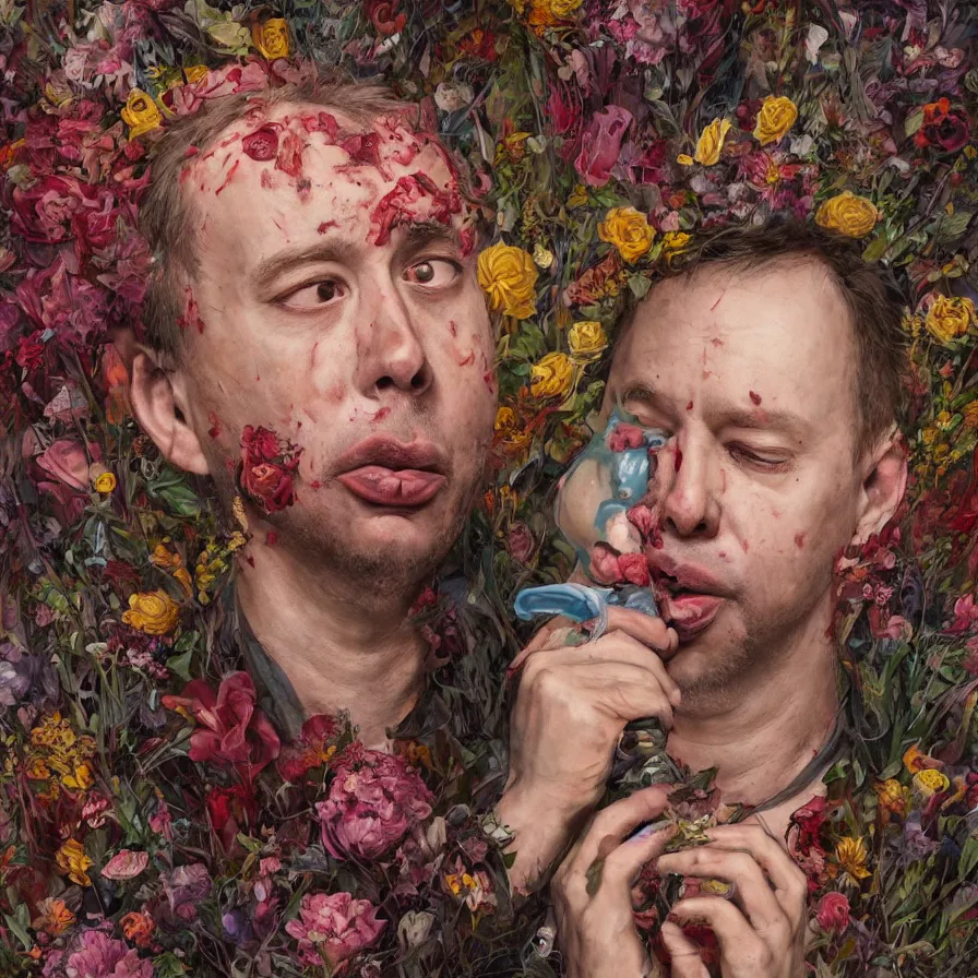 Prompt: male portrait of the john zorn todd solondz eating rotten flesh and puking blood, surrounded by flowers by karol bak, james jean, tom bagshaw, rococo, trending on artstation, cinematic lighting, hyper realism, octane render, 8 k, hyper detailed.