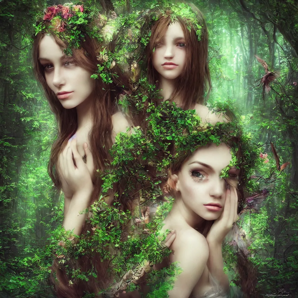 Prompt: “beautify attractive forest nymph, magical, portrait, hyper realistic”