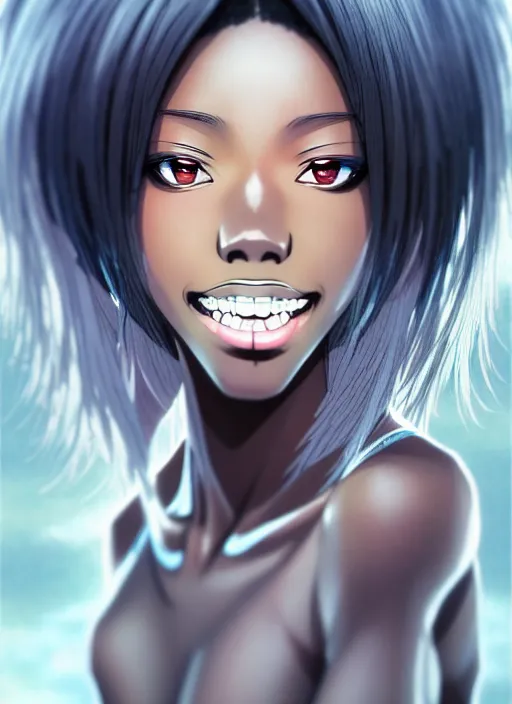 Image similar to beautiful city black woman only, anime style only, white teeth, scenery wallpaper aesthetic, pastel colors only, symmetrical face and full body, cinematic, dramatic, joyful, super detailed and intricate, hyper realistic, by artgerm, by kyoung hwan kim, by ralph mcquarrie, by yoshiyuki tomino