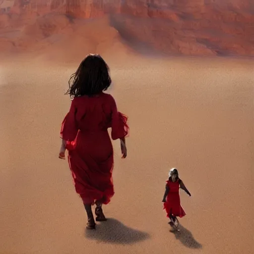 Image similar to a little girl with a red dress walking on the desert geog darrow greg rutkowski