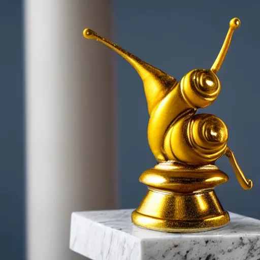 Prompt: golden snail award trophy on top of a marble pillar, white background, soft lighting