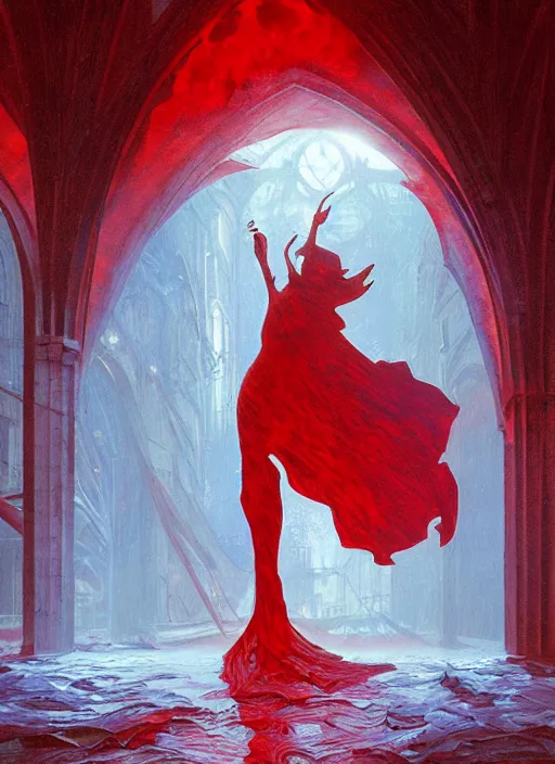 Image similar to view through window! nosferatu, red splash aura in motion, church! floating pieces, painted art by tsuyoshi nagano, greg rutkowski, artgerm, alphonse mucha, spike painting