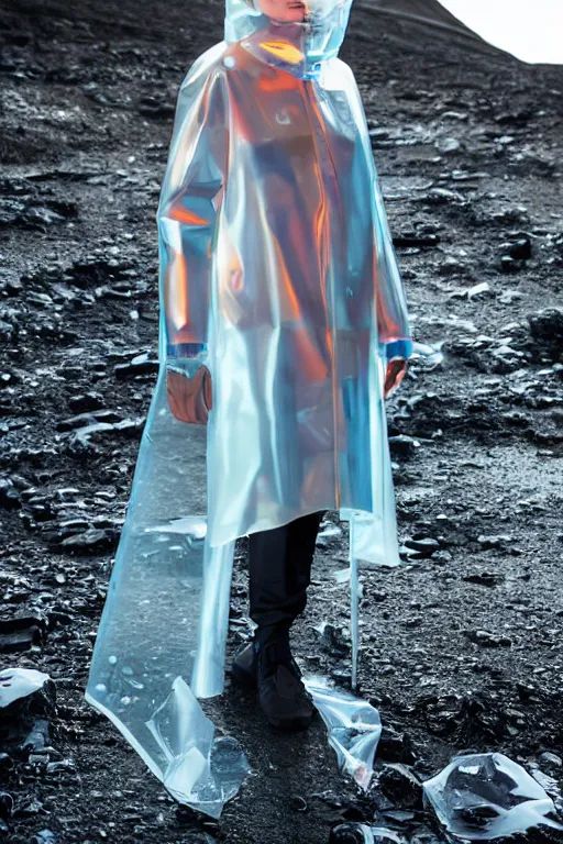 Image similar to an ultra high definition professional high fashion portrait studio full length photograph of a model wearing a transparent pearlescent raincoat and neon visor in an icelandic black rock environment at dawn. no artefacts. extremely detailed. stark. refraction. shallow depth of field. volumetric light and shadow. ray tracing. light rays.