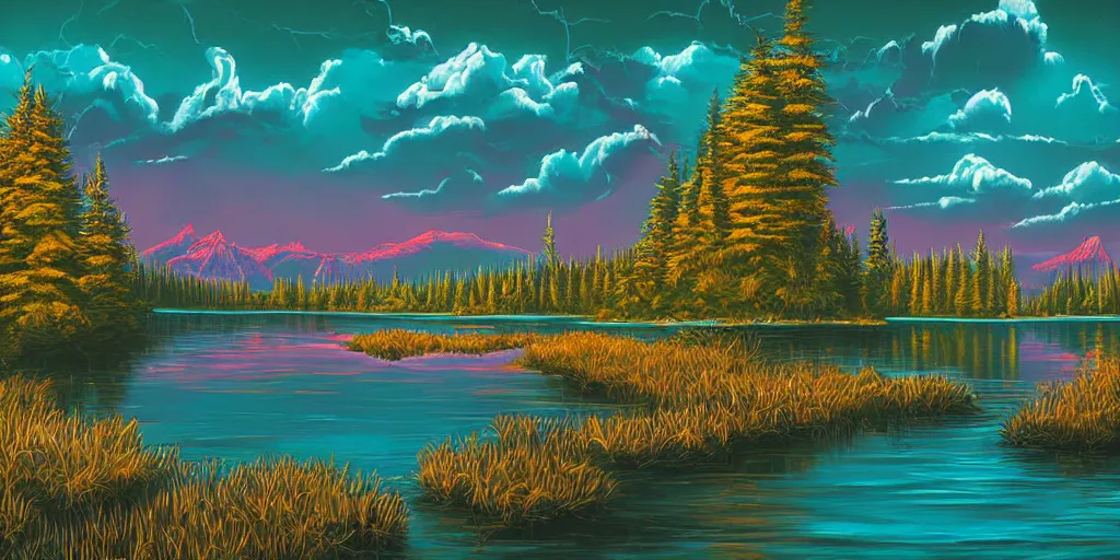 Image similar to beautiful award winning synthwave painting of a canadian lake, extreme detail, digital art, 4 k, ultra hd