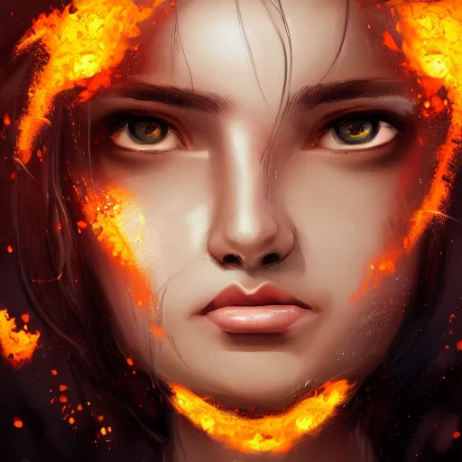 Prompt: a young female face made of fire, line art, award-winning, Artstation