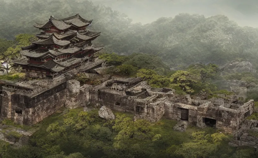 Prompt: highly detailed render of old, ruined, japanese fort from sengoku period, surrounded by dense rock formations, high in mountains, overcast weather, environment concept art, photobash, unreal engine render, nanite