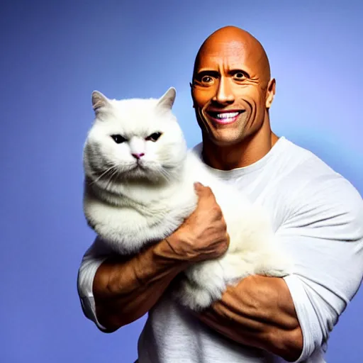 Image similar to dwayne johnson holding a fluffy white cat with yellow eyes, studio lighting, promotional photograph