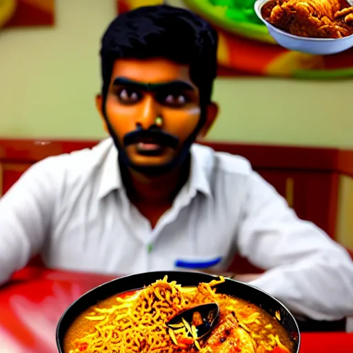 Prompt: A South Indian college student is eating chicken biryani in an Andhra mess, highly detailed, photorealistic, 4k