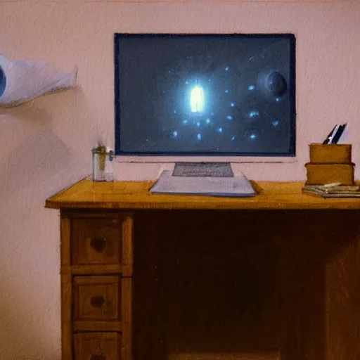 Prompt: a painting by greg rutkowski of a desktop in a dark room at night illuminated with a single dim desk lamp. on the desk sits a novel sitting and a small wooden box with ornate sculptured decoration and a glowing orb. also on the desk are, paper airplane, an ancient scroll scroll, pencils, pens, airplane magazine, overhead view, close up on book.