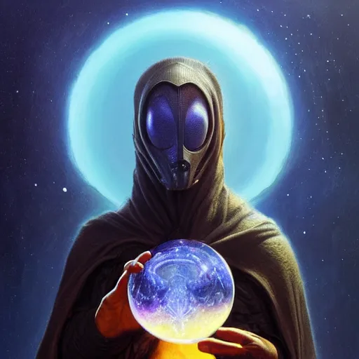 Image similar to masked nomad male wearing a cloak on an alien world and holding a holographic planet projection in his hand, detailed, sci - fi, digital painting, artstation, sharp focus, illustration, ominous, artgerm, tomasz alen kopera, peter mohrbacher, donato giancola, joseph christian leyendecker, wlop, frank frazetta