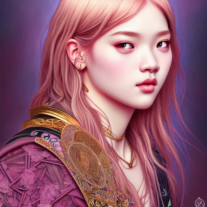 Prompt: jossi of blackpink, king, tarot card, highly detailed, digital painting, smooth, sharp focus, illustration, ultra realistic, 8 k, art by artgerm and alphonse mucha